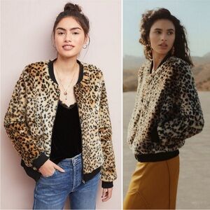 Skies Are Blue Leopard Print Faux Fur Bomber Jacket